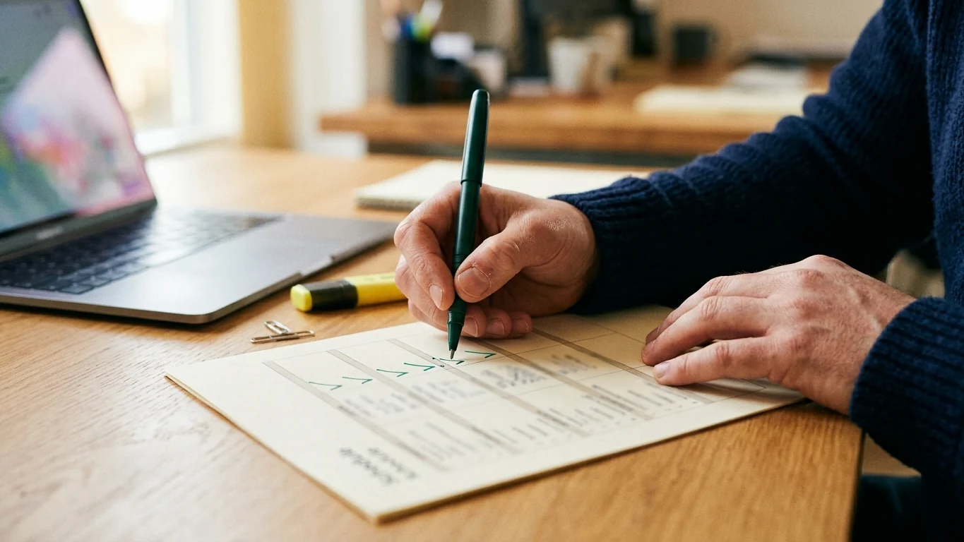 Close-up of hands ticking off lines on a printed reconciliation schedule with a pen, a laptop open nearby
