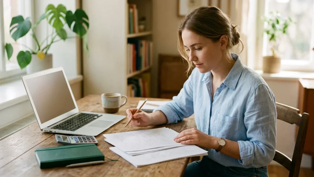 Accountant working at a bright office desk with printed schedules and a laptop