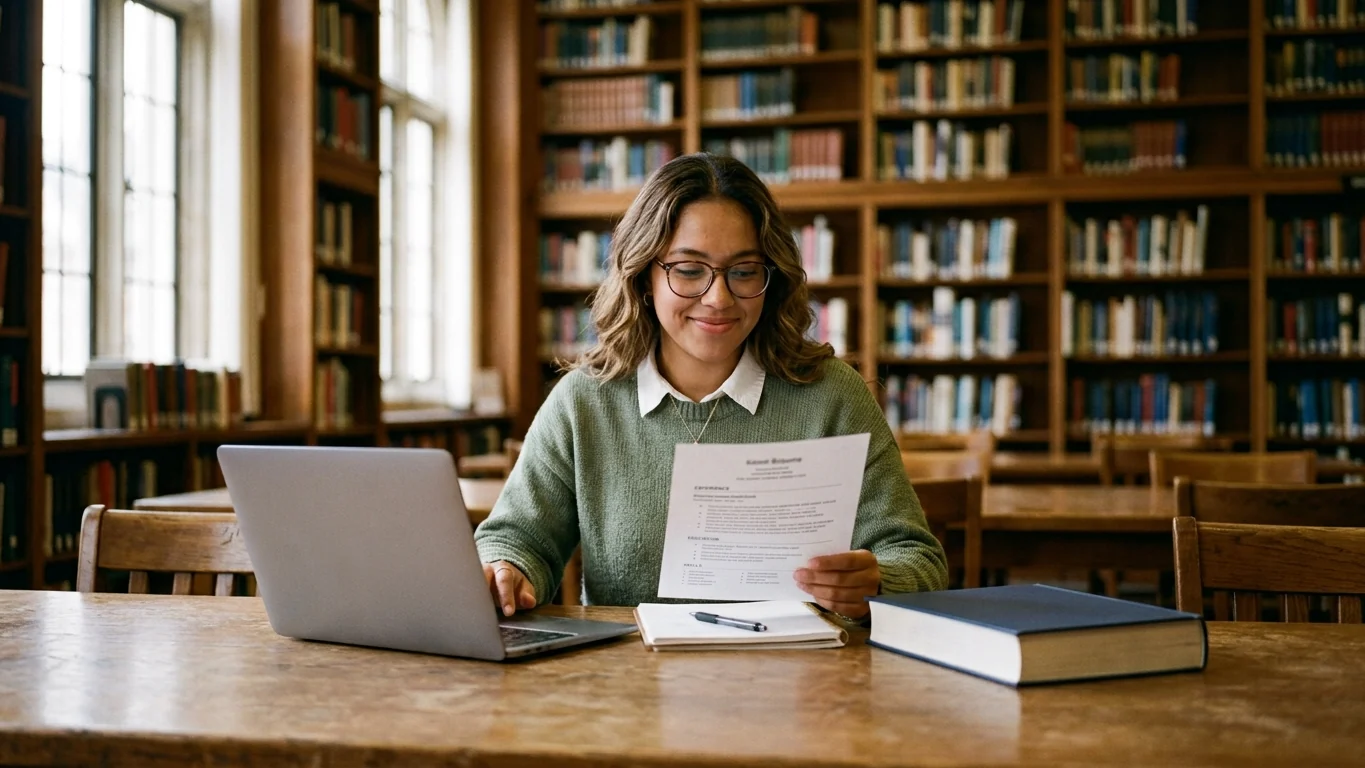Recent accounting graduate at a library table with a laptop and a printed one-page resume