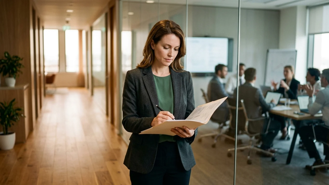 Executive assistant reviewing a printed briefing folder outside a glass-walled meeting room