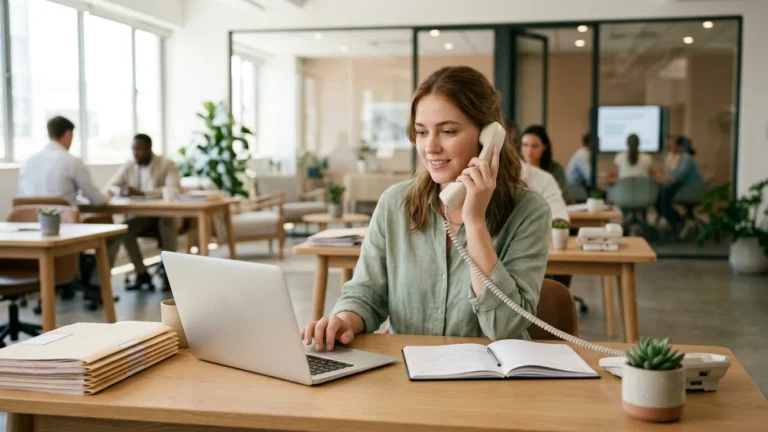 Administrative assistant at a bright office desk with a laptop, planner and phone, mid-morning