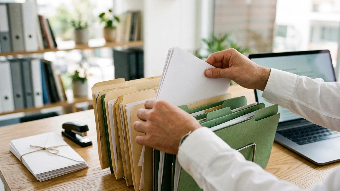 Administrative assistant sorting printed invoices and travel itineraries into folders at a desk