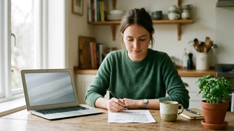 A job seeker at a laptop with a printed resume and a pen, reviewing the skills listed on it
