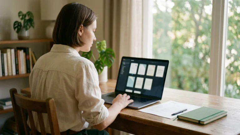 Job seeker browsing page layouts on a laptop at a window desk, a printed page beside it