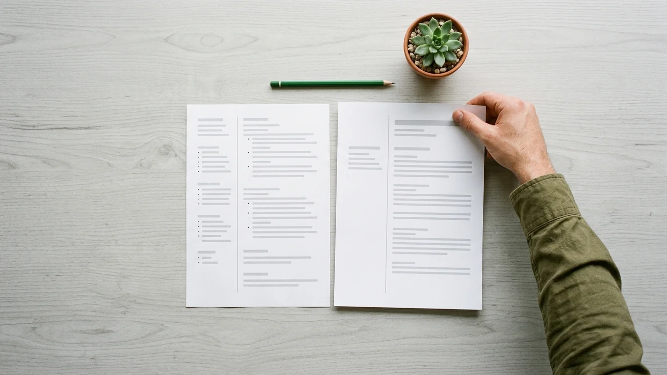 Overhead view of two printed pages side by side on a desk, a hand resting on one