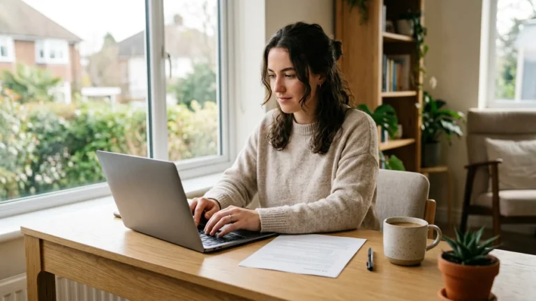 Job seeker editing a one-page cover letter on a laptop at a home desk with a printed resume beside it