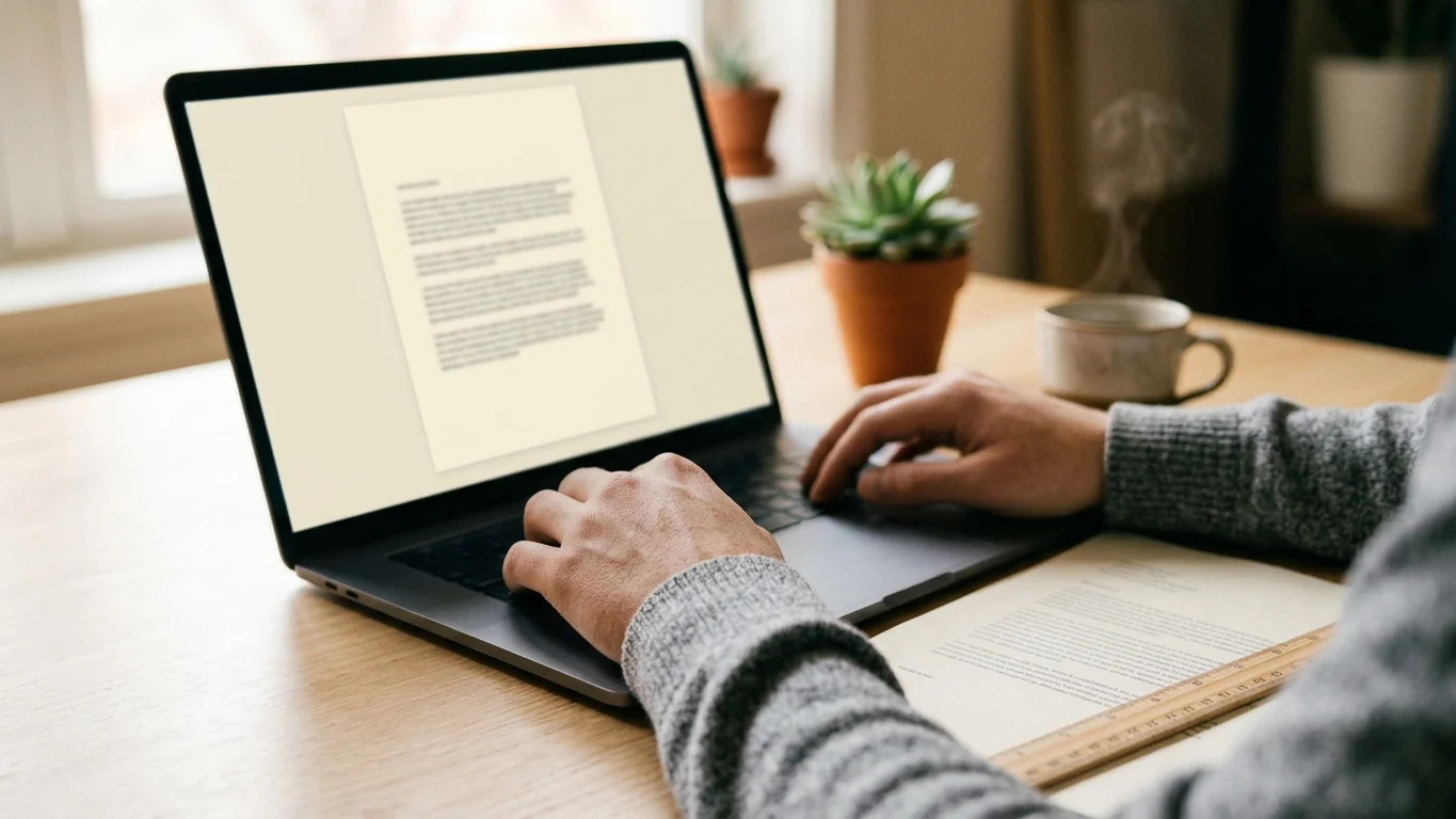 Hands typing a letter on a laptop, a printed letter and a ruler on the desk beside it