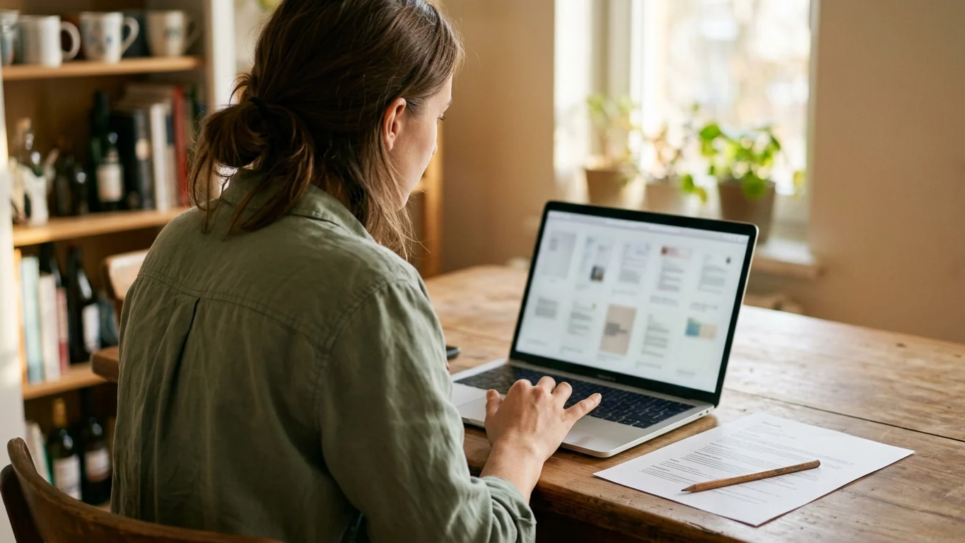 Person at a laptop comparing cover letter layouts on screen with a printed resume beside the keyboard