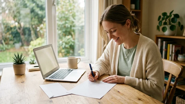 Job seeker signing a printed one-page cover letter at a desk beside a laptop
