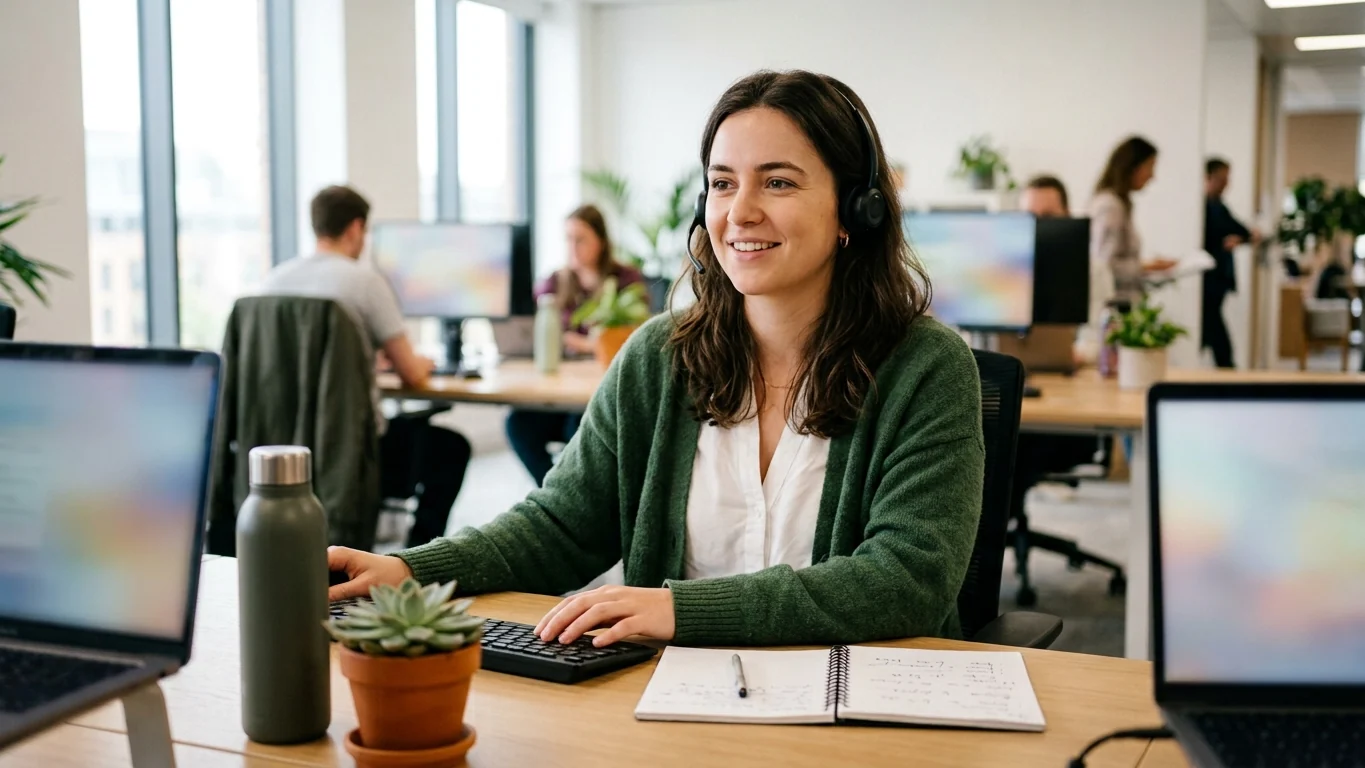 Customer service representative with a headset helping a caller at a bright office desk