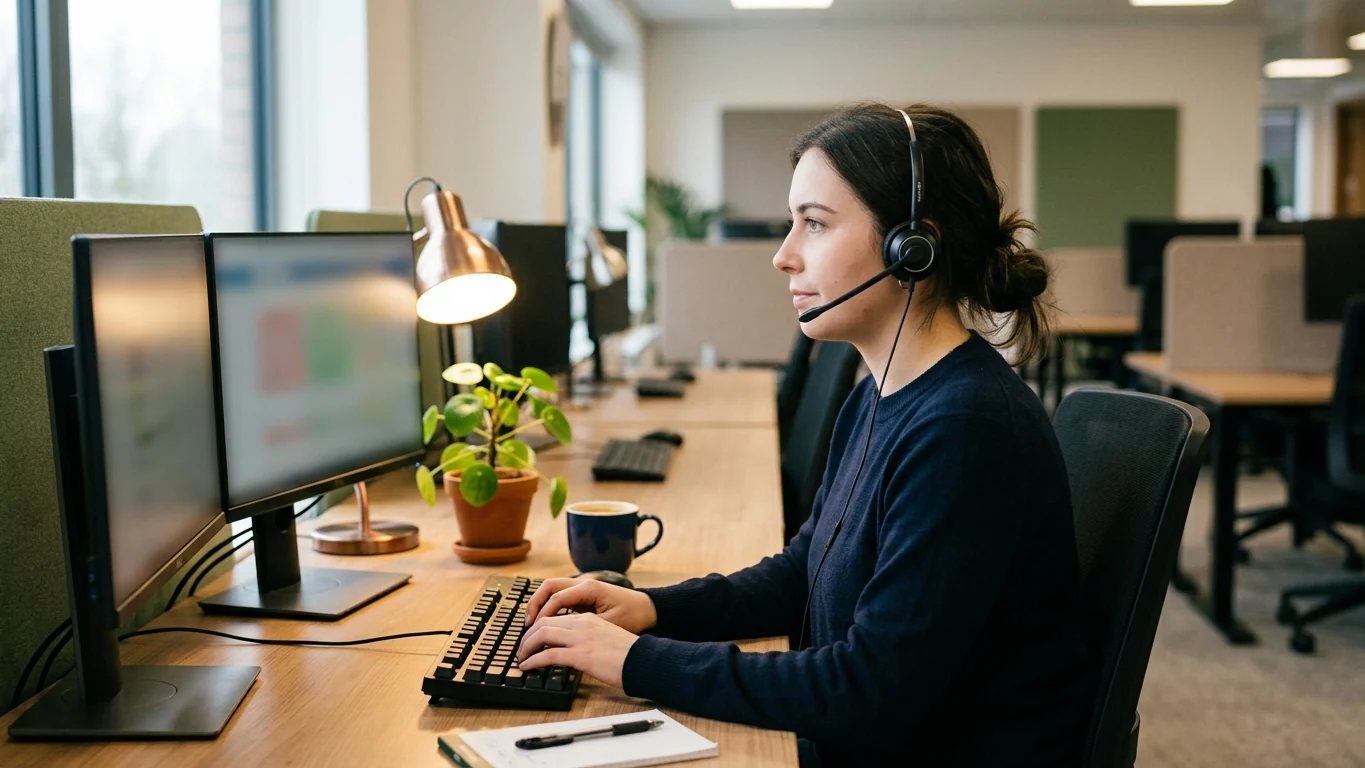 Customer service representative wearing a headset at a desk, typing notes while speaking with a caller
