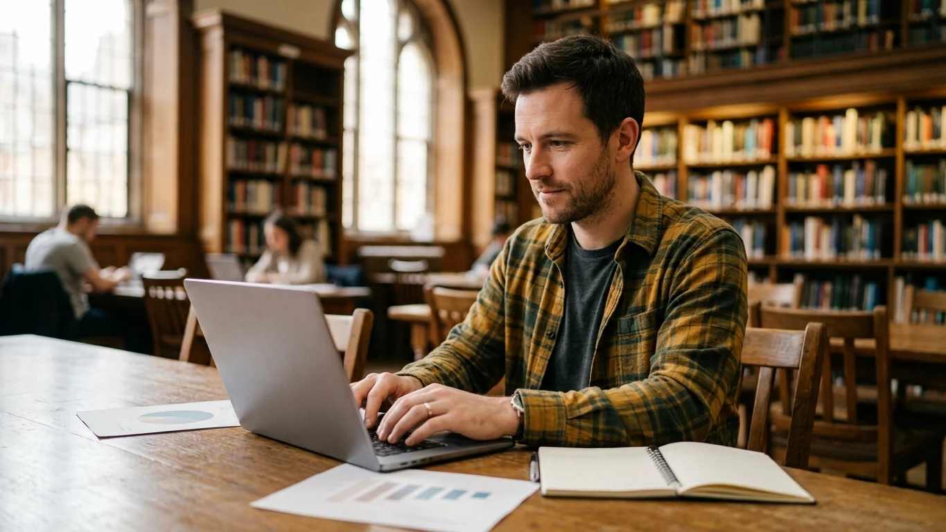 A career changer at a library table working on a laptop beside printed charts and a notebook