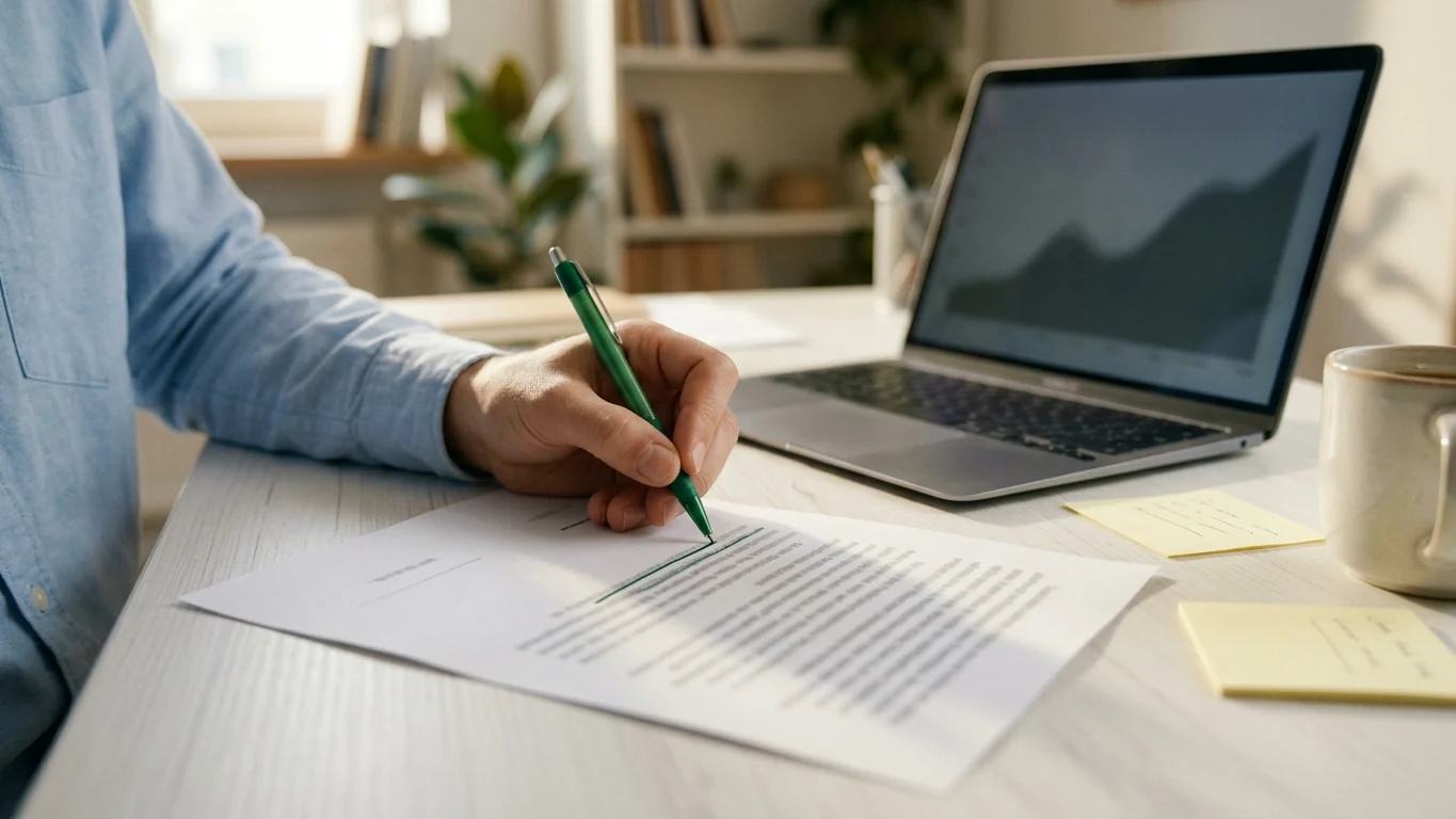 Close-up of a pen marking bullet points on a printed resume next to a laptop showing a chart
