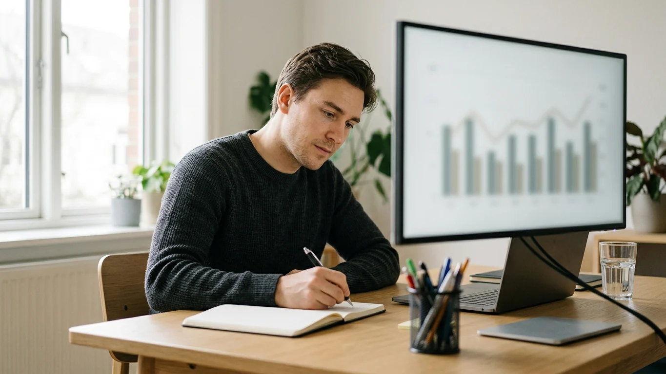 A data analyst at a desk reviewing a dashboard on a monitor while writing notes