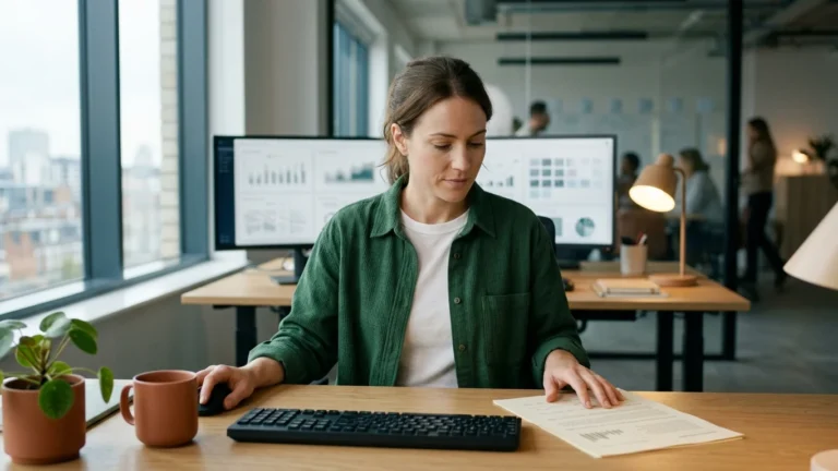 A data analyst at a desk with two monitors and a printed one-page resume in front of the keyboard