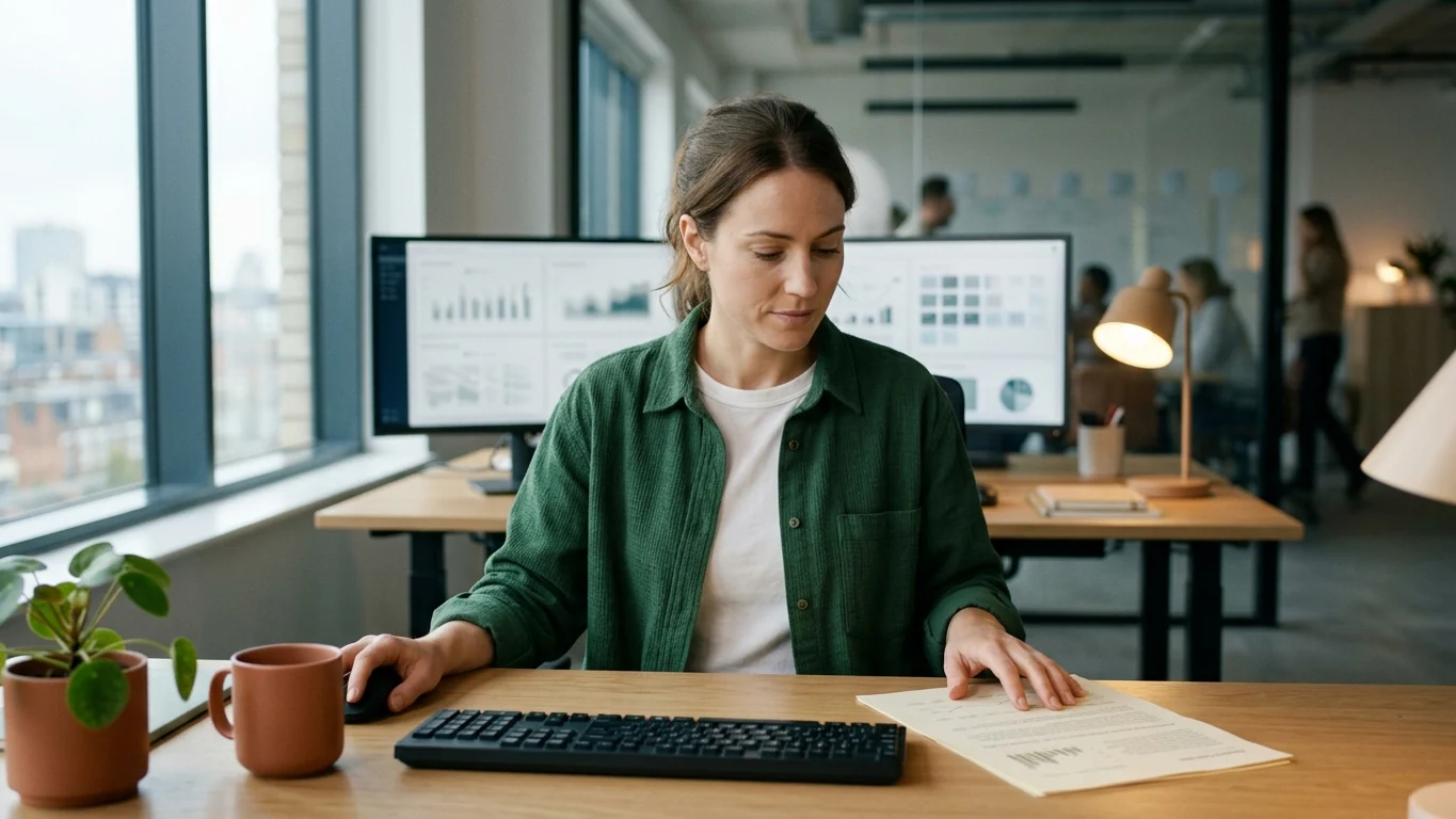 A data analyst at a desk with two monitors and a printed one-page resume in front of the keyboard