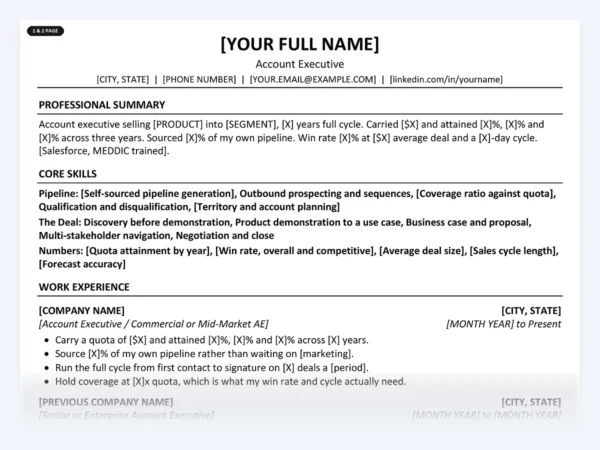 Account Executive resume template, one page, ATS-friendly layout