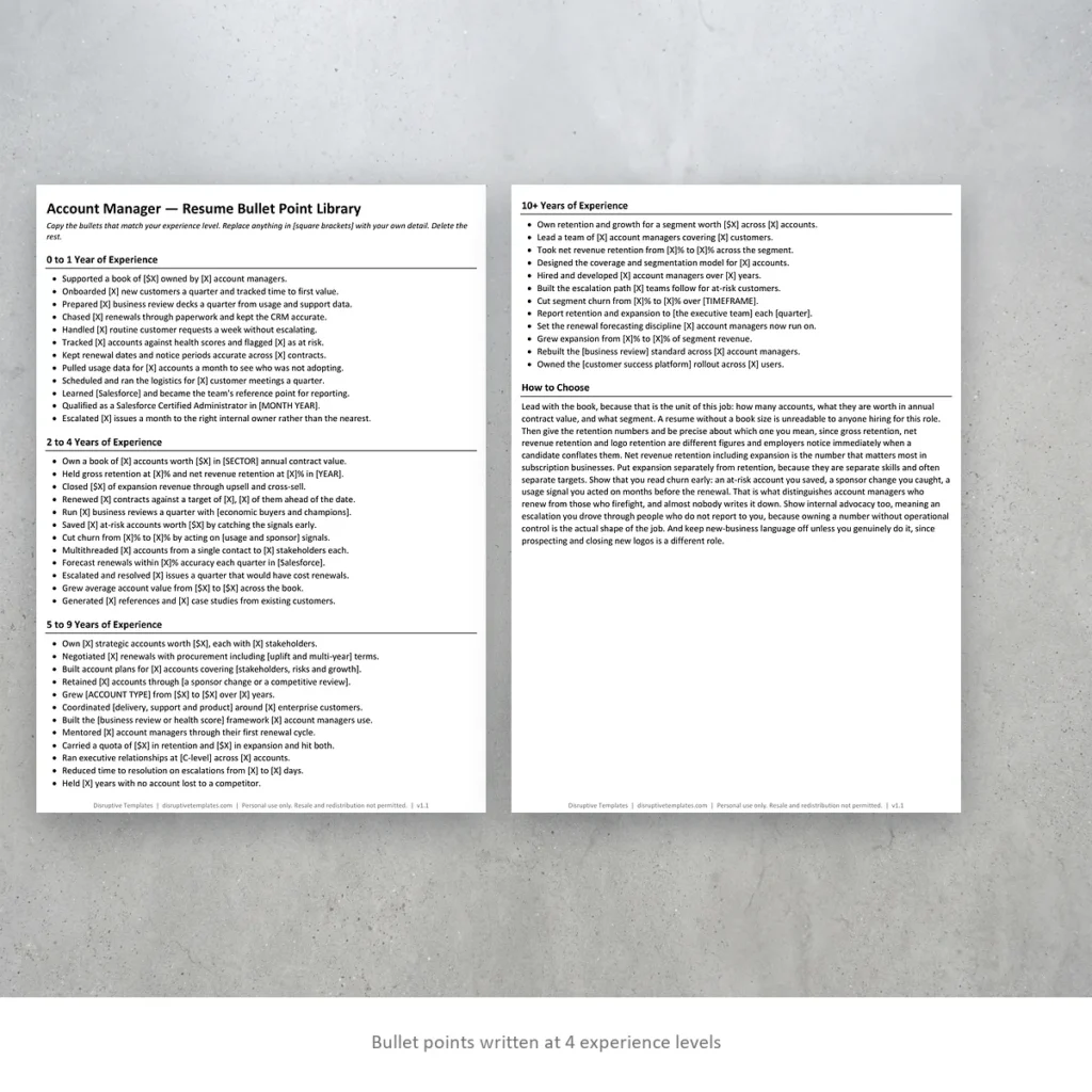 Account Manager resume bullet points written at four experience levels