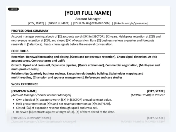 Account Manager resume template, one page, ATS-friendly layout
