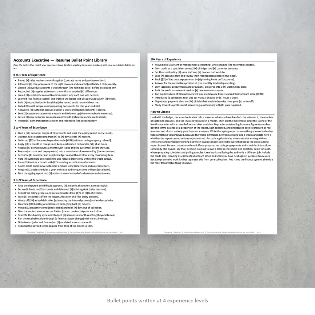 Accounts Executive resume bullet points written at four experience levels