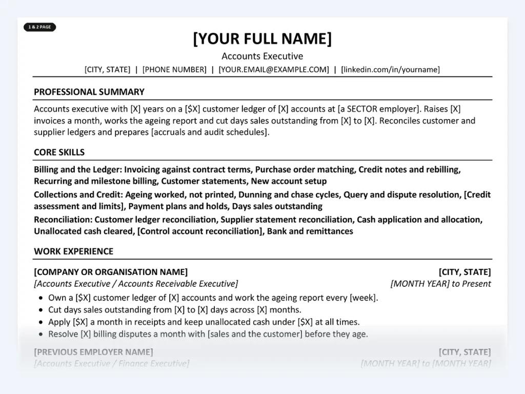 Accounts Executive resume template, one page, ATS-friendly layout