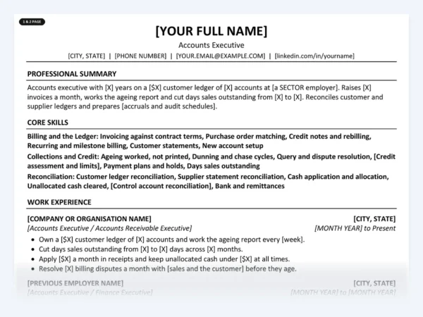 Accounts Executive resume template, one page, ATS-friendly layout