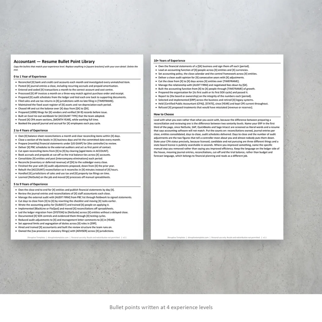 Accountant resume bullet points written at four experience levels