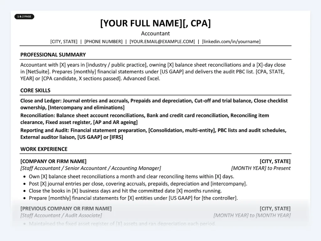 Accountant resume template, one page, ATS-friendly layout