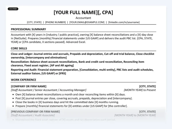 Accountant resume template, one page, ATS-friendly layout