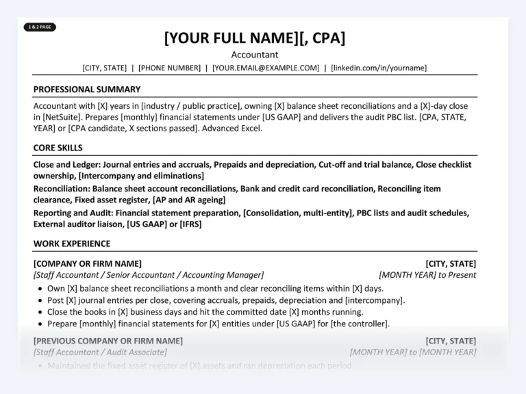 One-page accountant resume template from the Disruptive Templates accountant kit