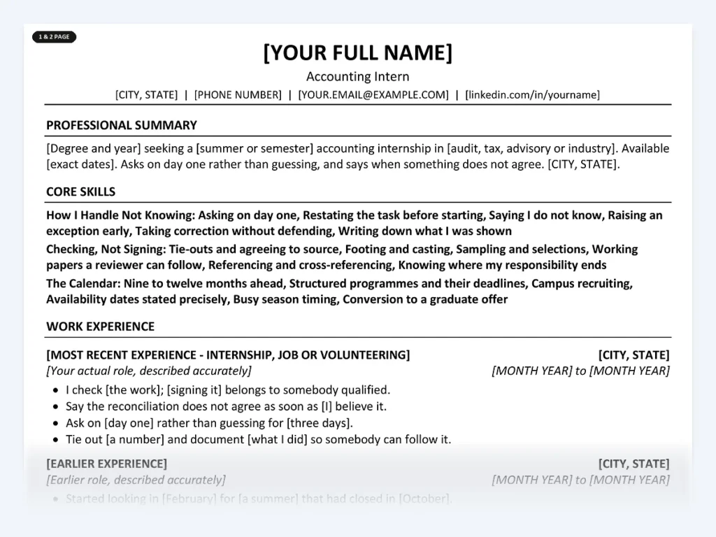 Accounting Intern resume template, one page, ATS-friendly layout