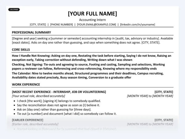 Accounting Intern resume template, one page, ATS-friendly layout