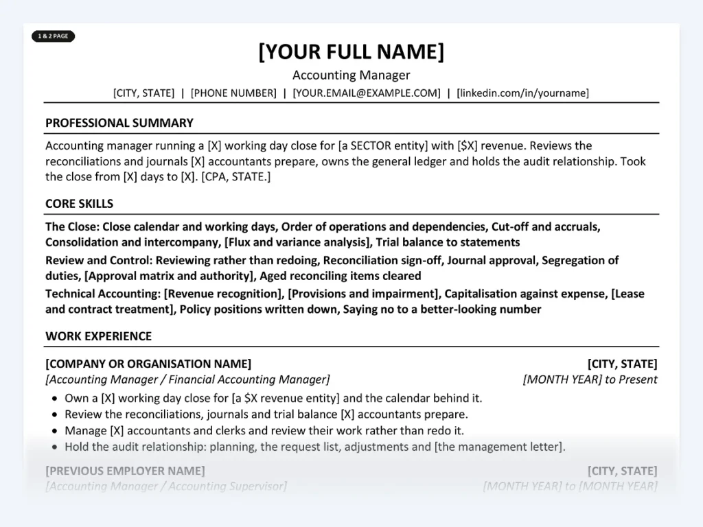 Accounting Manager resume template, one page, ATS-friendly layout