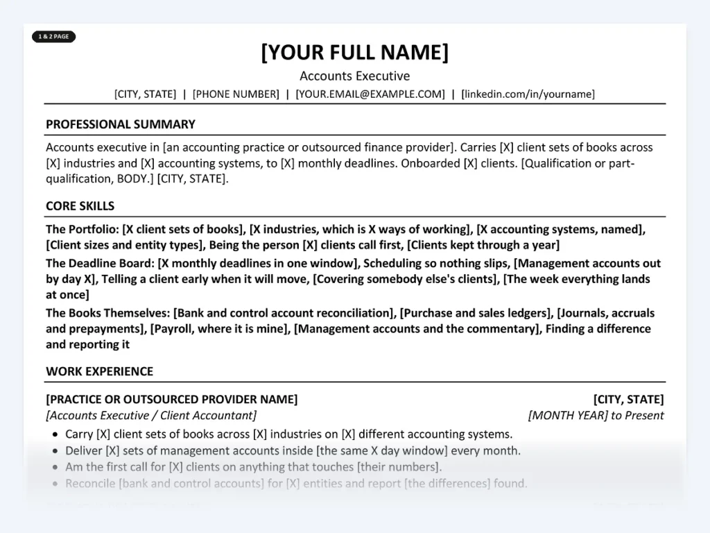 Accounts Executive resume template, one page, ATS-friendly layout