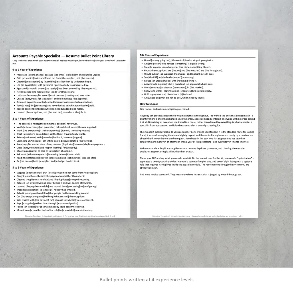 Accounts Payable Specialist resume bullet points written at four experience levels