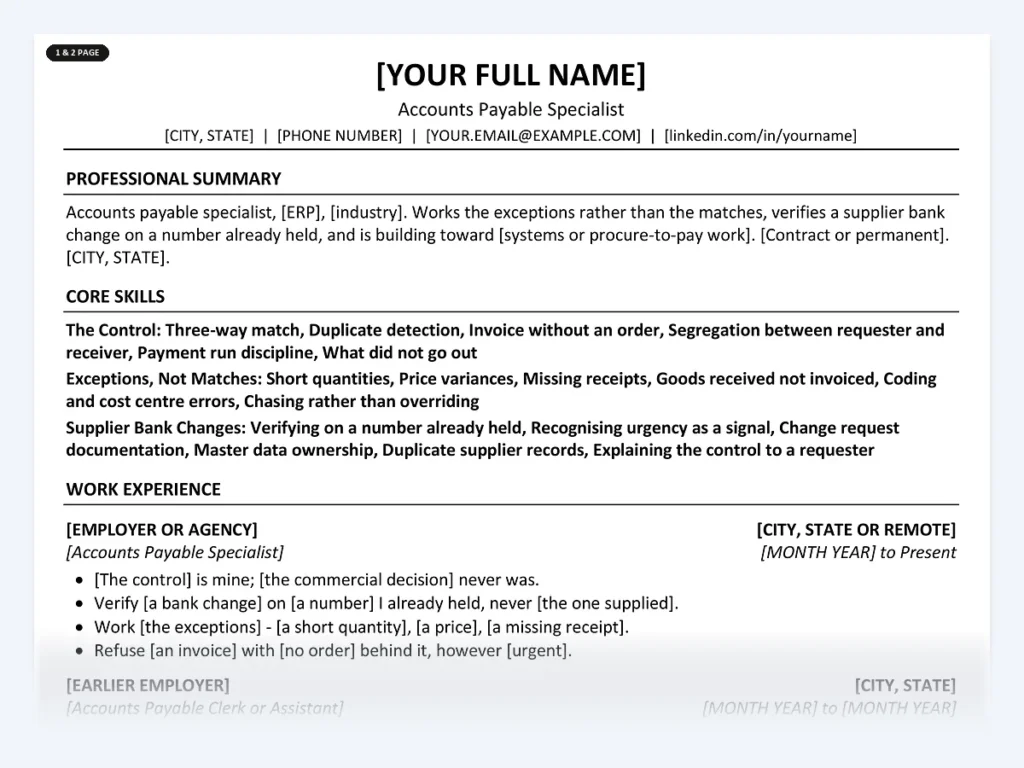 Accounts Payable Specialist resume template, one page, ATS-friendly layout