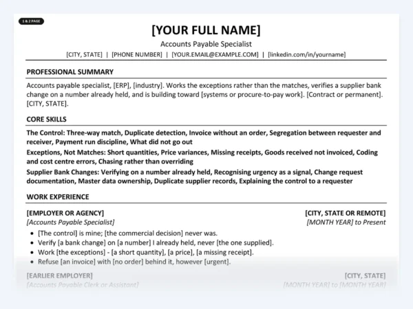 Accounts Payable Specialist resume template, one page, ATS-friendly layout