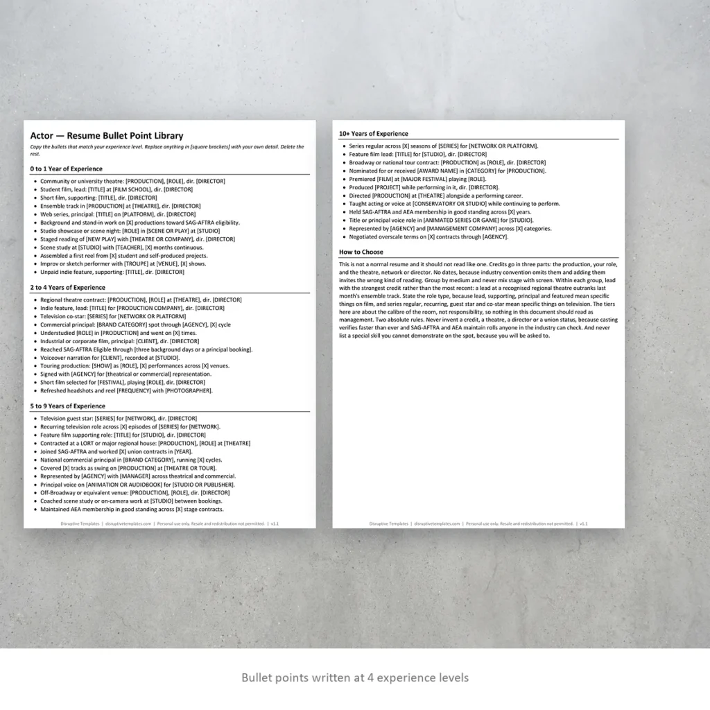 Actor resume bullet points written at four experience levels