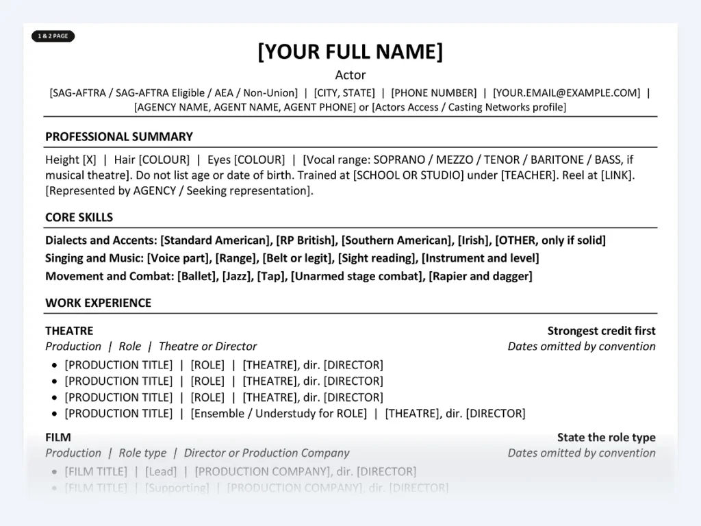 Actor resume template, one page, ATS-friendly layout