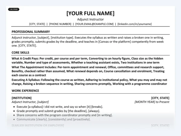 Adjunct Instructor resume template, one page, ATS-friendly layout