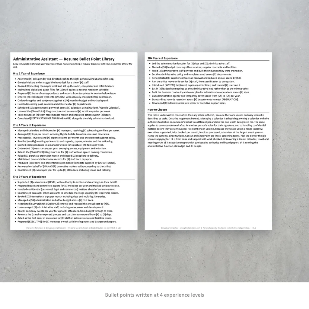 Administrative Assistant resume bullet points written at four experience levels