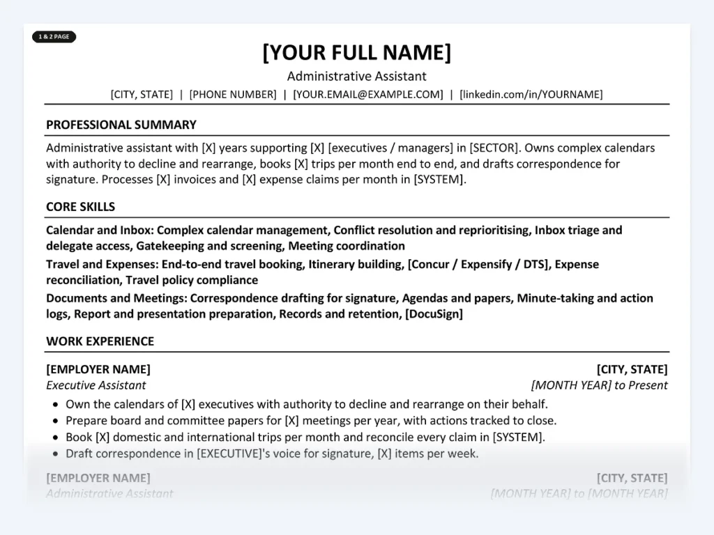 Administrative Assistant resume template, one page, ATS-friendly layout
