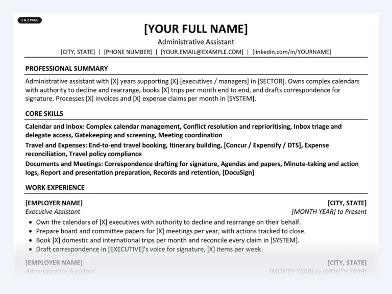 One-page administrative assistant resume template from the Disruptive Templates administrative assistant kit