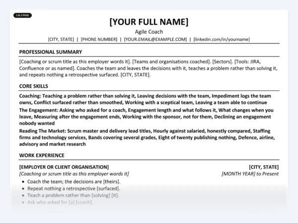 Agile Coach resume template, one page, ATS-friendly layout