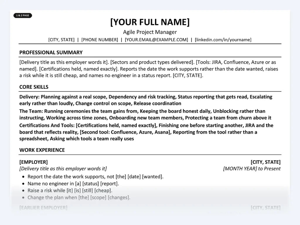 Agile Project Manager resume template, one page, ATS-friendly layout