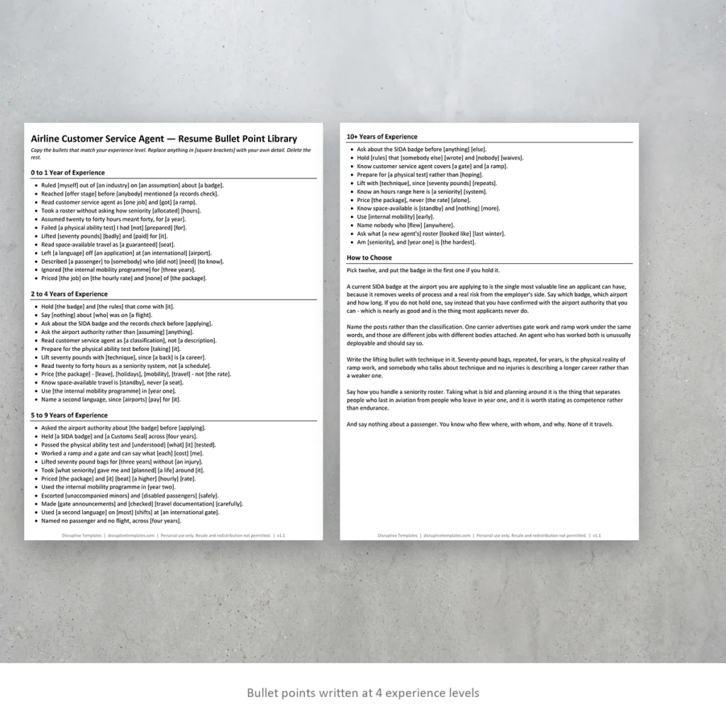 Airline Customer Service Agent resume bullet points written at four experience levels