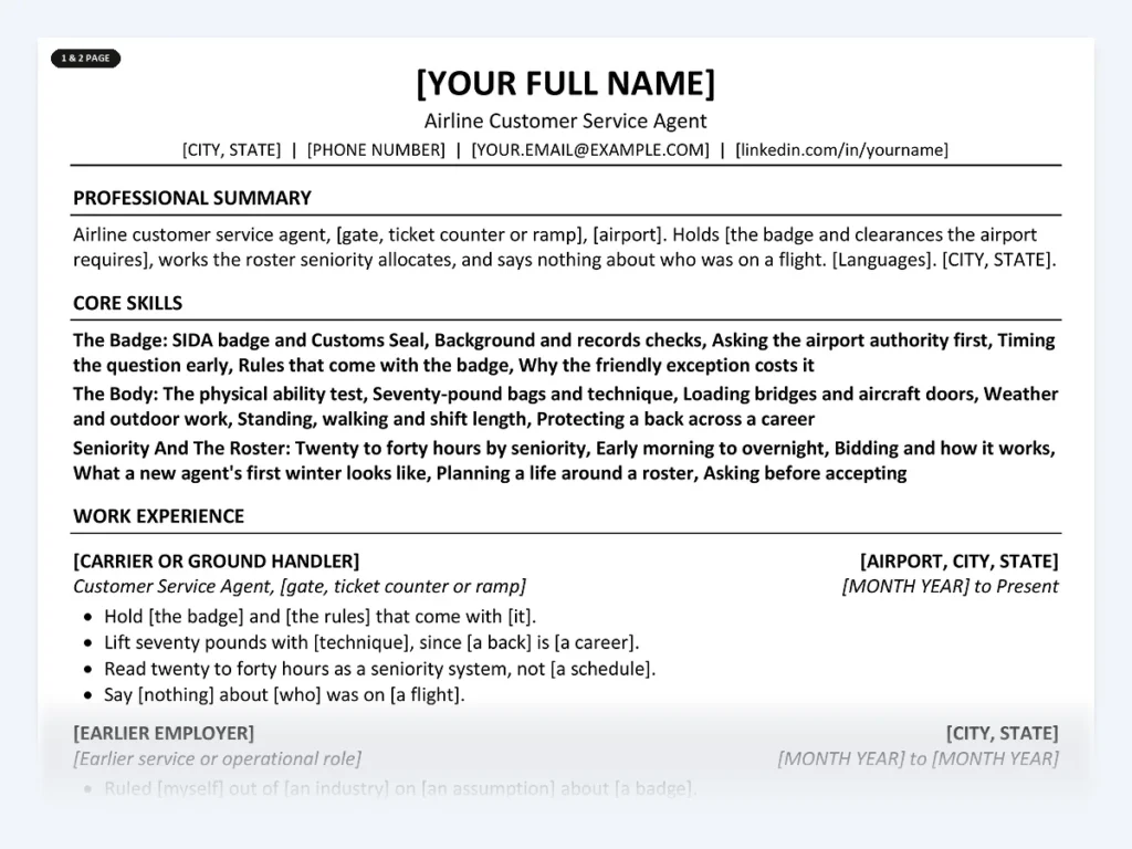 Airline Customer Service Agent resume template, one page, ATS-friendly layout