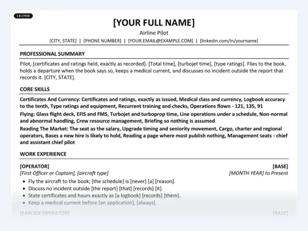 Airline Pilot resume template, one page, ATS-friendly layout