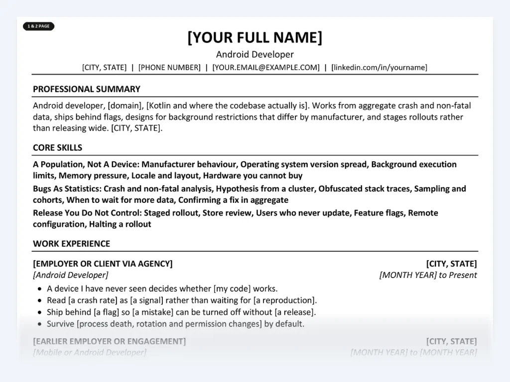 Android Developer resume template, one page, ATS-friendly layout