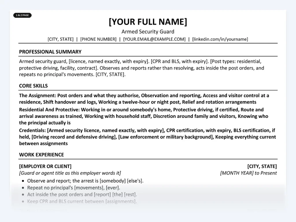 One-page resume template from the Disruptive Templates armed security guard kit